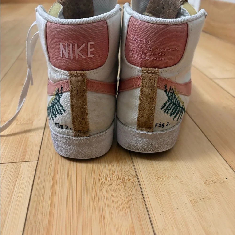Nike Women's High-Top Sneakers in Pink and Cream with Embroidered Leaf